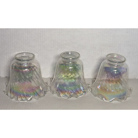 Set of 3 Iridescent 4” Light Shade Hurricane Lamp Swirl Bell Ruffled Fitter 2” - Picture 4 of 14